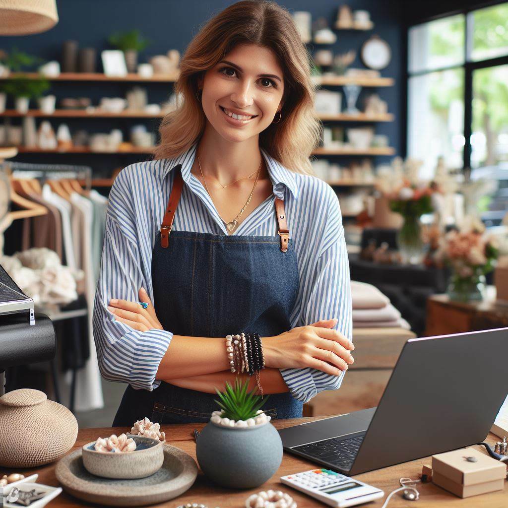 Mujer de negocios atendiendo en un mostrador con brazos cruzados en una mesa hay una laptop y pequeñas plantas en macetas decorativas