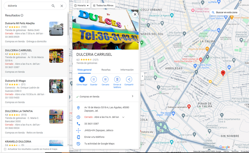 Ejemplo de cómo luce un perfil de empresa de Google, se muestra la información completa del lugar así como a ubiación en el mapa